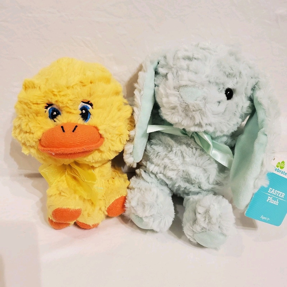 Set Of 2 Walmart Yellow Duck Plush and Mint Bunny Ribbon Bow Toy Stuffed Animal